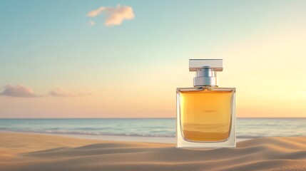 Canvas Print - Summer Fragrance on a Tropical Beach - A glass bottle of perfume sits on a sandy beach, with the ocean and a sunset in the background, symbolizing relaxation, escape,  freshness,  luxury and travel.