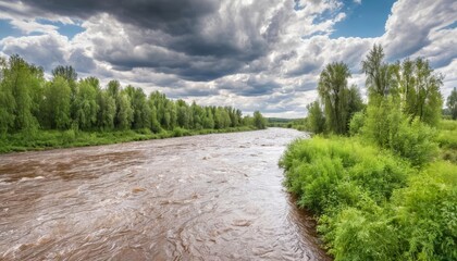 Canvas Print -  Wild river under cloudy sky natures serene beauty