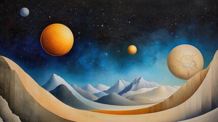 Wall Mural - Surreal Landscape with Planets and Mountains - A surreal landscape with mountains, planets and stars. The painting is a visual representation of the vastness of the universe and the mysteries that lie