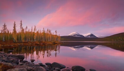 Canvas Print -  Tranquil lakeside sunset with mountain reflection