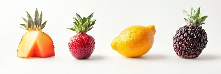 Poster - Unique Fruit Fusion: Pineapple, Strawberry, Lemon, and Blackberry - A Culinary Art - Four fruits - a pineapple, a strawberry, a lemon, and a blackberry - arranged in a row, each showcasing a unique co