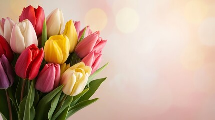 Poster - Vibrant Bouquet of Tulips with Soft Blurred Background - A beautiful bouquet of colorful tulips in various shades of pink, yellow, red, and white, symbolizing love, joy, new beginnings, spring, and ce