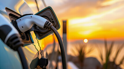 An electric vehicle charging at sunset, highlighting eco-friendly transportation and serene landscapes.