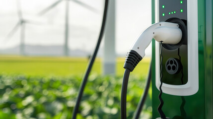 Modern electric vehicle charger in a green landscape with wind turbines highlighting sustainable energy solutions.