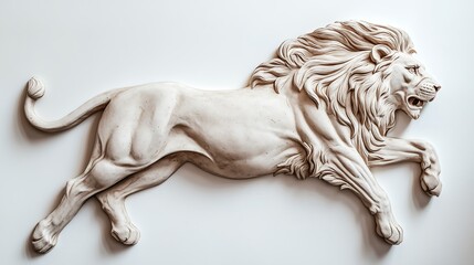 Wall decoration depicting galloping lion in relief on a white background