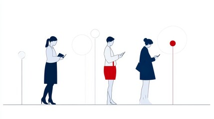 Wall Mural - Women Using Technology in a Modern Office Setting - The image depicts four women in a modern office setting, each engaging with technology. The women are all dressed professionally, suggesting a busin