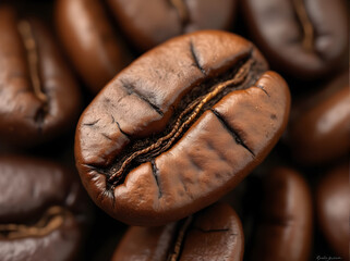 A close-up of coffee beans, highlighting their rich texture and deep brown color. The image is ideal for coffee-related content, emphasizing freshness and quality.
