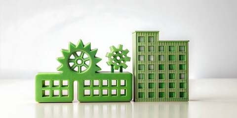 3D Icon as Green building and machine tool concept as A green building paired with a machine tool representing sustainable architecture and eco friendly manufacturing perfect for isolated vector desig