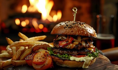 Wall Mural - Tasty burger with french fries and fire. 