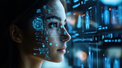 Wall Mural - Woman s Face with Futuristic Digital Interface and Blue Lights