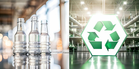 3D Icon as Recycled glass and factory icon concept as Recycled glass paired with a factory icon symbolizing the use of sustainable materials in manufacturing processes perfect for isolated vector desi