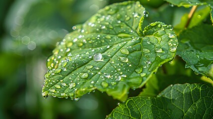 Wall Mural - Leaf with dew drops. The drops are round and clear, and they reflect the sunlight. The leaf is green and lush, and it is surrounded by other leaves.