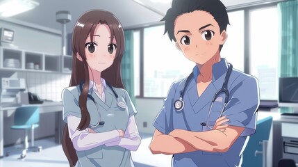 A dedicated male doctor and female nurse stand side by side, prepared to provide care in a well-equipped hospital environment