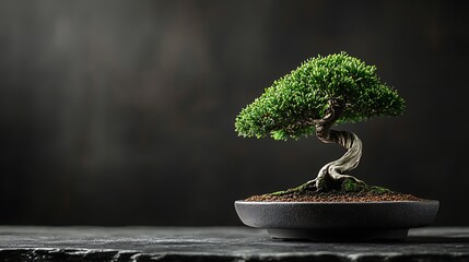 Bonsai Tree in a Black Pot Against a Dark Background