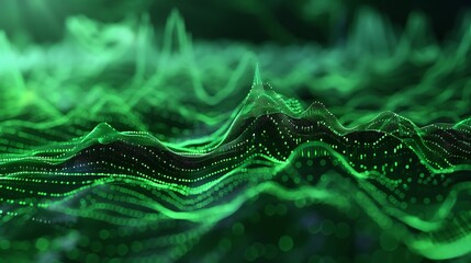 Poster - Digitally landscape of green waves and peaks, representing the abstract nature of data and the digital world.