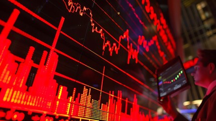 Poster - Displaying stock market data, analyzing the charts and graphs. The screen shows the current price, trends, and other financial indicators.