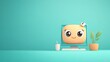 © Preeyanuch - Cute computer animated with kawaii face and bow on screen, bright blue background, next to a plant and milkshake, joyful workspace