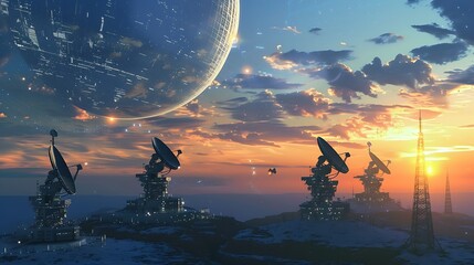 Wall Mural - futuristic giant satellite dishes under a massive, glowing planet in the sky.