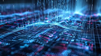 Poster - Abstract digital landscape depicting a futuristic network and data flow, with glowing lines and intricate patterns.