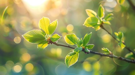 Wall Mural - branch with fresh green leaves, bathed in warm sunlight. the leaves are delicate and vibrant, symbol