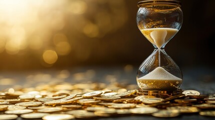 A glass hourglass with sand in it is set on a table with a pile of gold coins