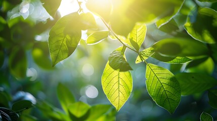 Wall Mural - green leaves illuminated by the warm sunlight, creating a natural and tranquil atmosphere.