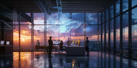 A group of architects in a modern office with an AI assistant as luminous data streams, projecting holographic building models. Cityscape view in background. AIG60