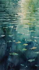 Watercolor Painting: Tranquil and Rippling minimalist photography capturing the essence of a serene underwater world.