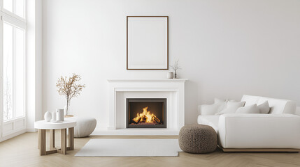 Wall Mural - Cozy Living Room with Fireplace and White Sofa - Perfect for Relaxing