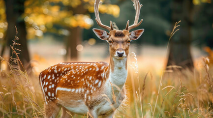 Wall Mural - A deer with antlers stands in tall grass near trees. The background is blurred to focus on the animal, which has white spots and dark fur