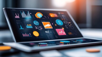 Poster - Dynamic and Modern Digital Marketing Concept with Data Analytics Icons and Charts Displayed on a Computer Screen with Blank Space for Text Overlay