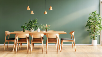 Wall Mural - Modern Dining Room with Wooden Table and Chairs, Green Wall and Plants