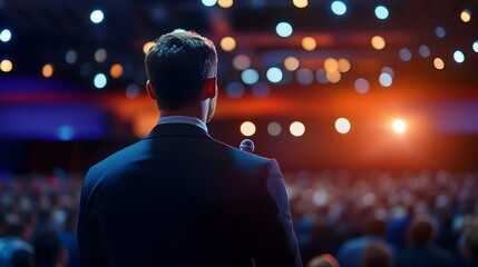 Poster - Professional and Inspiring Business Conference Setting with Speaker on Stage and Open Copy Space in Background for Presentation Seminar or Corporate Event