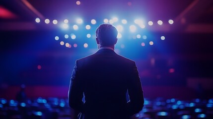 Poster - Inspiring and Professional Business Conference with a Speaker on Stage Delivering a Presentation to an Audience with Open Space in the Background for Copy or Visuals