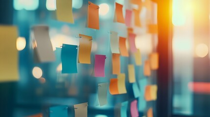 Poster - Team of professionals brainstorming ideas and solutions with sticky notes on a glass wall in a clean modern office setting showcasing a collaborative and creative work atmosphere