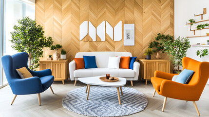 Wall Mural - Modern living room with white sofa, orange armchair and blue armchair