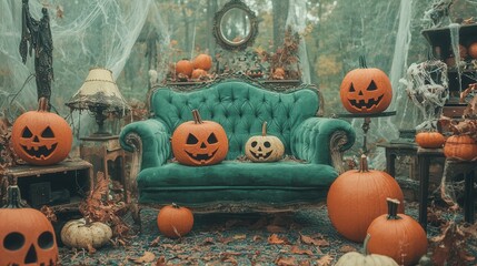 Sticker - Spooky Halloween Decor with Pumpkins and an Antique Chair.