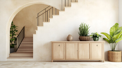 Wall Mural - Stylish Wooden Cabinet with Plants and Stairs for a Modern Home