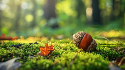 an acorn on a moss-covered forest floor, illustrating its role in the ecosystem and natural environment.