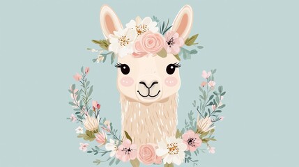 Wall Mural - A charming illustrated llama wearing a flower crown, showcasing a playful and whimsical design perfect for children's art or decor.