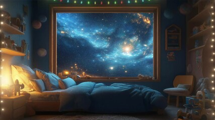 Wall Mural - fantasy landscape Cozy kids Bedroom with space, Glowing galaxies and stars view motion animation video background