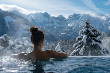 Wall Mural - a beautiful woman relaxing in a hot tub, mountain background