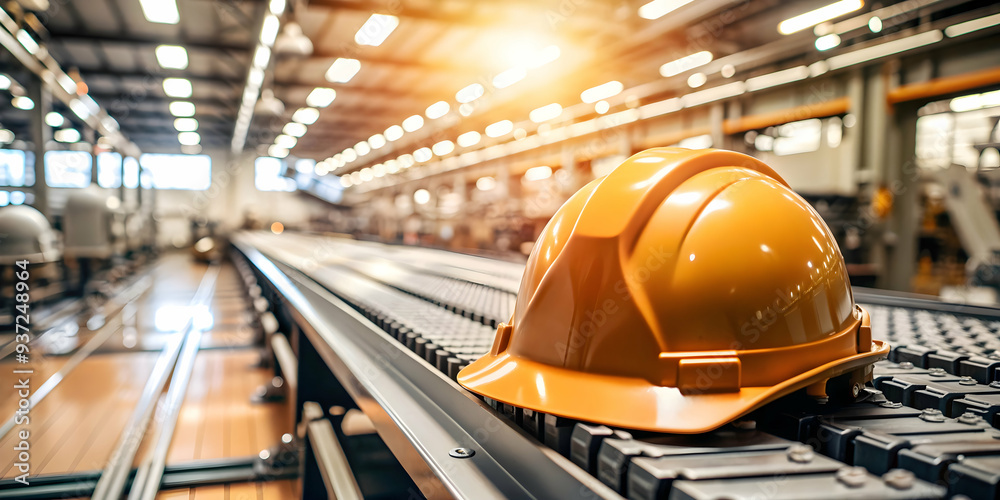 Photo Realistic as Safety helmet and assembly line concept as A safety ...