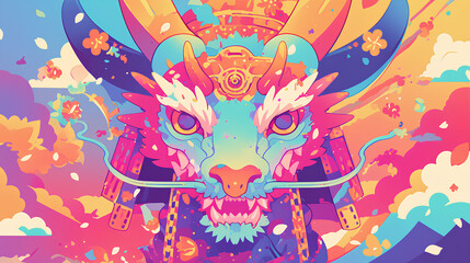 Wall Mural - Cute dragon wearing Japanese samurai armor, cool poses, cute kawaii, simple, smiling happy. high quality, neon psychedelic background