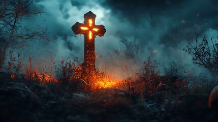 Burning cross in a dark forest, creating a chilling and atmospheric scene filled with gothic horror and mystery.