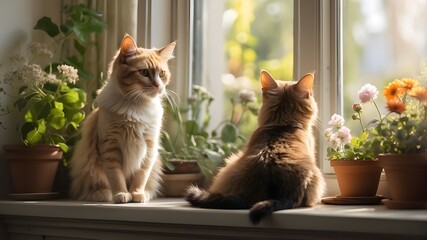 Wall Mural -  A realistic image of a cat perched on a windowsill  sitting below, both gazing out at a beautiful garden, captured in soft natural light.