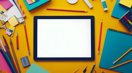 Poster - Blank Digital Tablet Surrounded by Various Creative Tools and Copy Space on a Minimalist Desktop Background