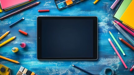 Poster - Overhead view of a digital tablet with blank screen surrounded by various creative tools and copy space on a clean minimalist studio backdrop  Concept for digital design art or multimedia projects