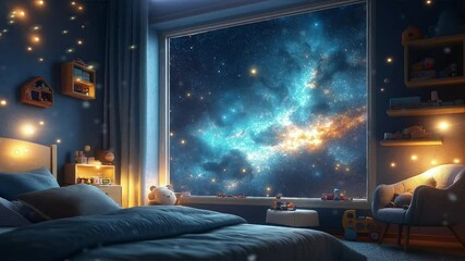 Wall Mural - fantasy landscape Cozy kids Bedroom with space, Glowing galaxies and stars view motion animation video background