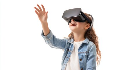 Virtual Reality Wonder: A young girl with a wide grin and outstretched hand experiences the immersive world of VR, her expression brimming with excitement and wonder. The image is perfect for illustra